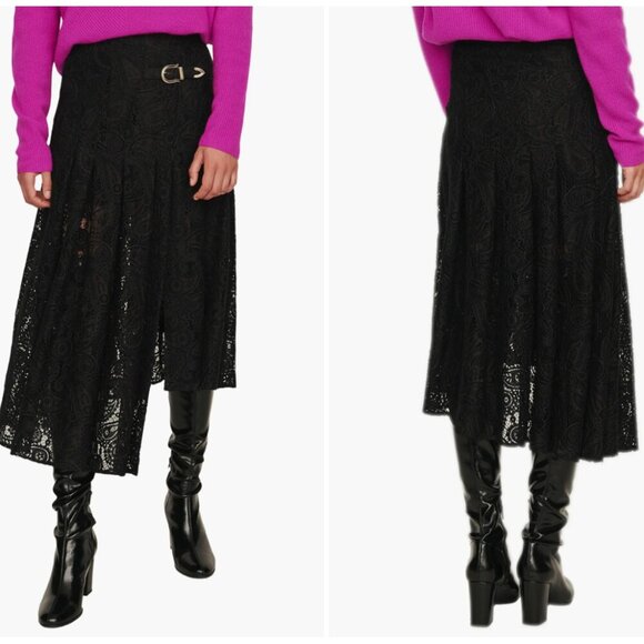 Maje Jalilo Skirt Buckled Asymmetric Hem Pleated Guipure Lace Midi Black Size 40 - Picture 1 of 12